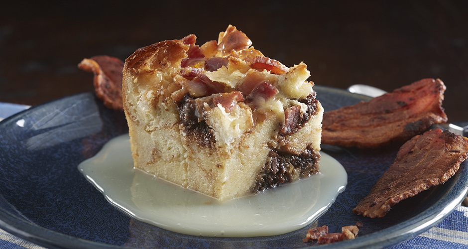 Brownie Bacon Brioche Bread Pudding